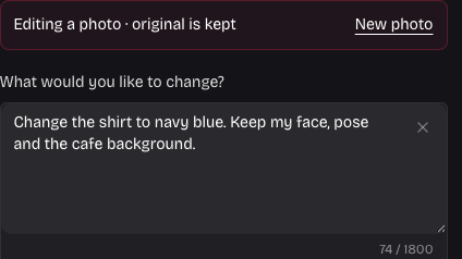Photo editing controls with a navy-shirt instruction and original-kept status