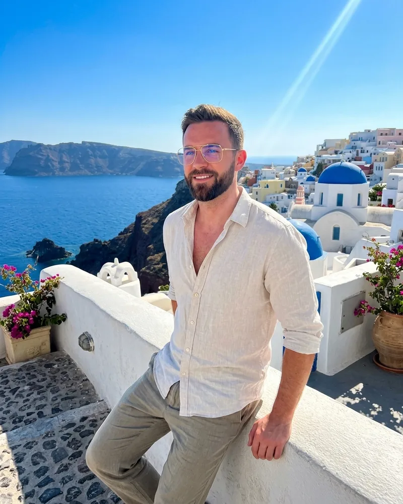 Man on a terrace overlooking the coast of Santorini