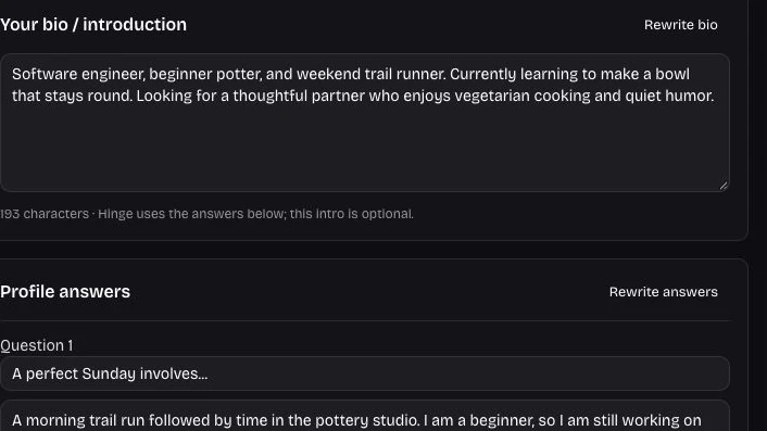 Editable profile answers with separate section rewrite controls