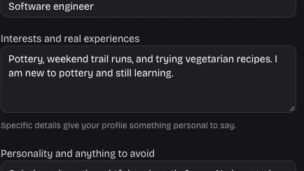 Interests entered in the profile editor