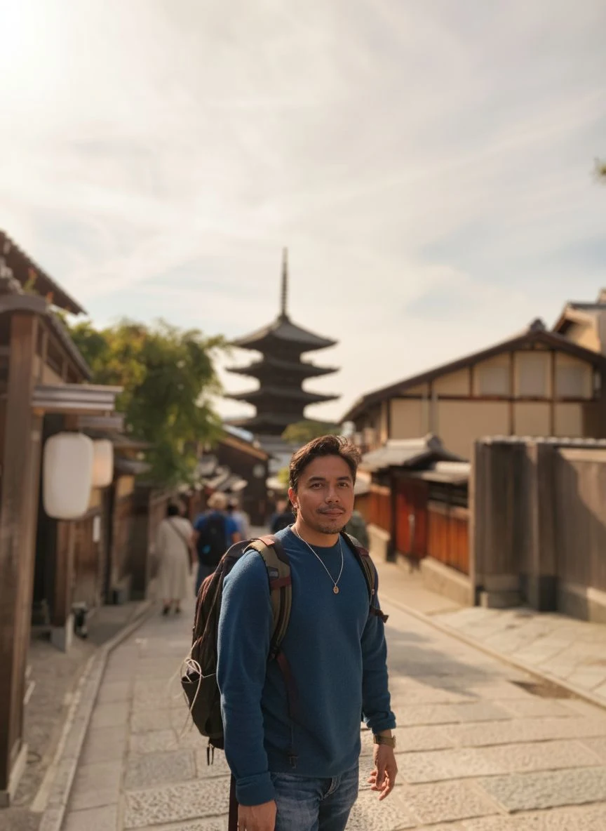 A dating portrait showing a traveler on a quiet street in Kyoto