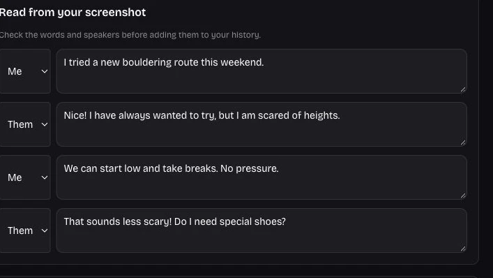 Screenshot transcript editor with separate Me and Them speaker labels